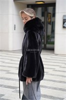 Норковый жакет с капюшоном и воздушными рукавами R75BLH - фото 6045